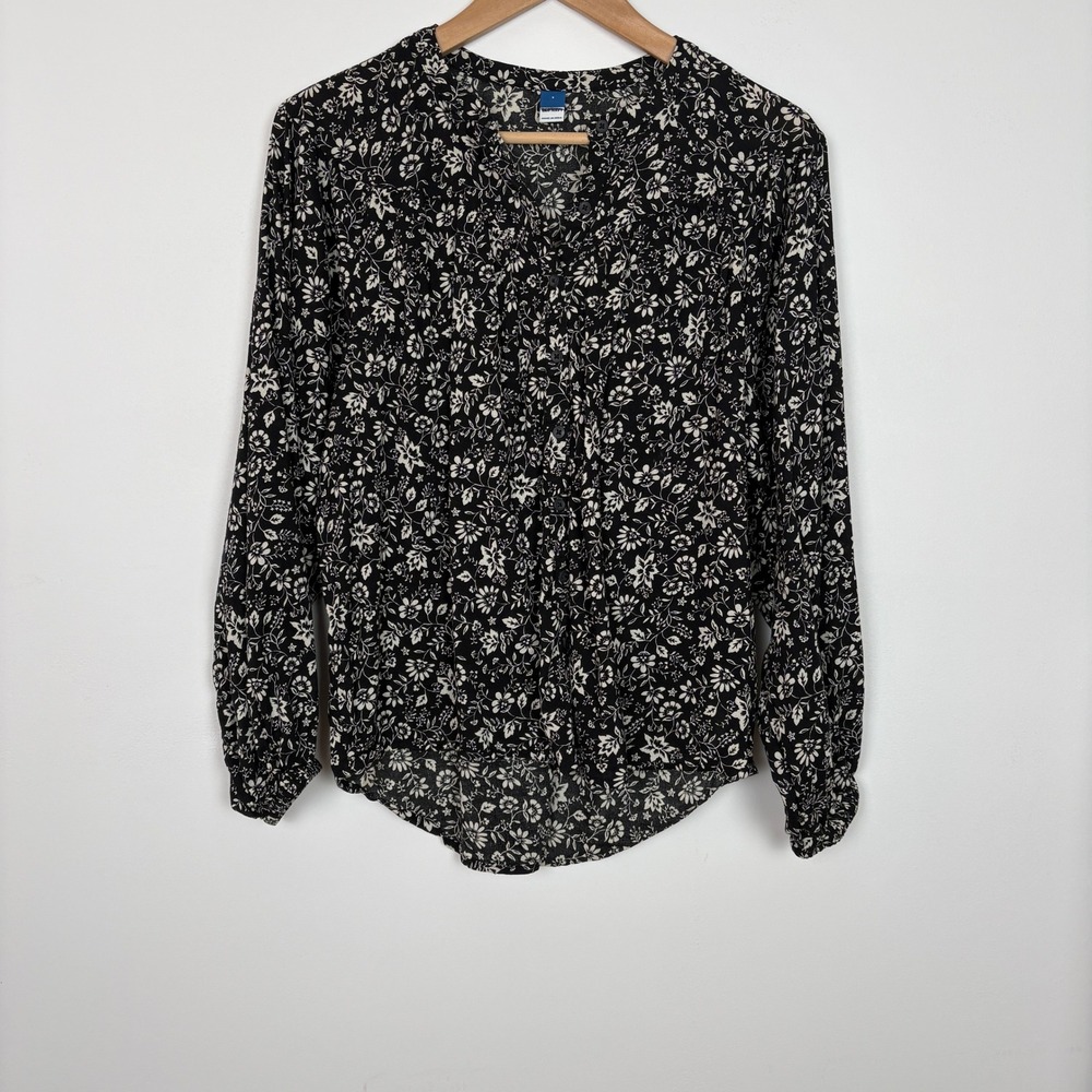 Old Navy Womens Poet Sleeve Button Front V Neck Top Small Black Floral Victorian